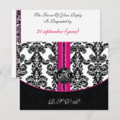 Black and Pink Damask Wedding RSVP Kaartje (Voorkant / Achterkant)