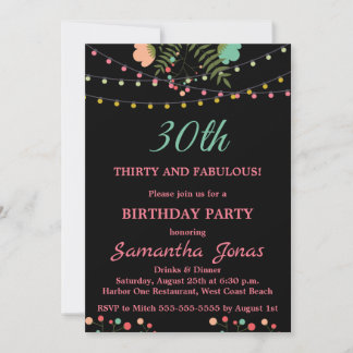 Black and Pink Floral Design 30th Birthday party Kaart