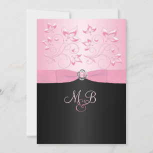 Black and Pink Pearl Loveknot Floral II Uitnodigin Kaart