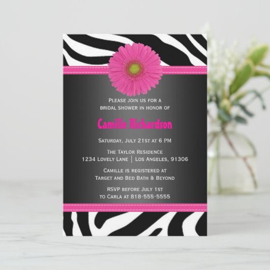 Black and Pink, Zebra Bridal Shower Invitation Kaart (Staand voorkant)