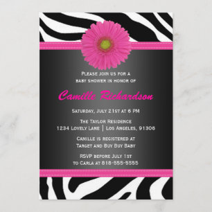 Black and Pink, Zebra, Girl Baby shower Invitation Kaart