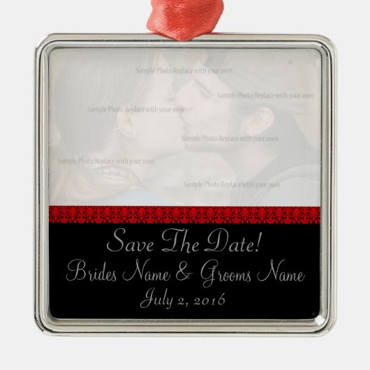 Black and Red Damask Save the Date Ornament (Voorkant)