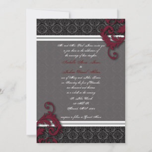Black and Red Elegant Damask Invitation Kaart