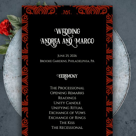 Black and Red Floral Gothic Dark Wedding Programme