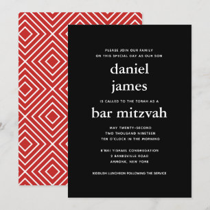 Black and Red Modern Bar Mitzvah Invitation Kaart