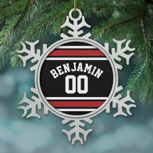 Black and Red Sports Jersey Custom Name Number Tin Sneeuwvlok Ornament