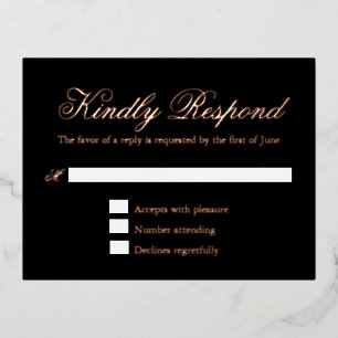 Black and Roos Gold Foil Formal Wedding RSVP Kaart
