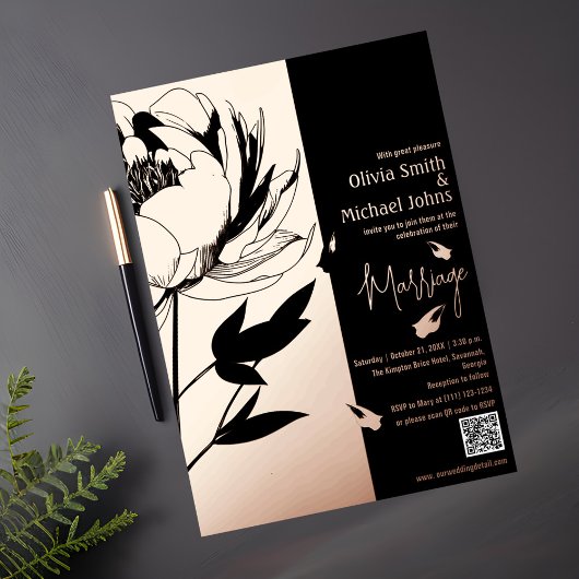 Black and Rose Gold Peony Code QR Invitation