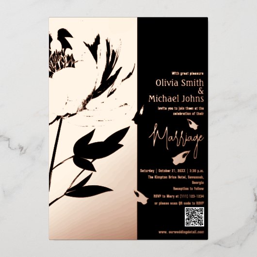Black and Rose Gold Peony Code QR Invitation (Recto)