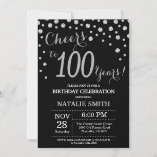 Black and Silver 100th Birthday Diamond Invitation Kaart