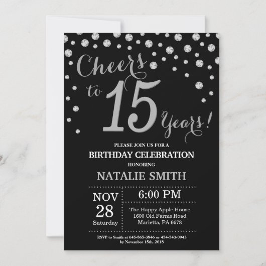 Black and Silver 15th Birthday Diamond Invitation (Devant)