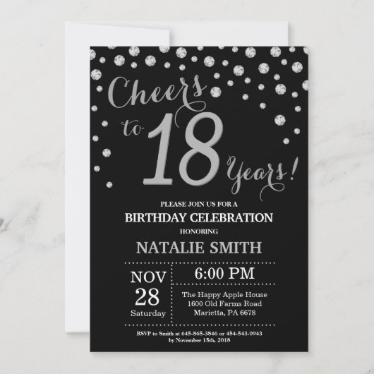 Black and Silver 18th Birthday Diamond Invitation (Devant)