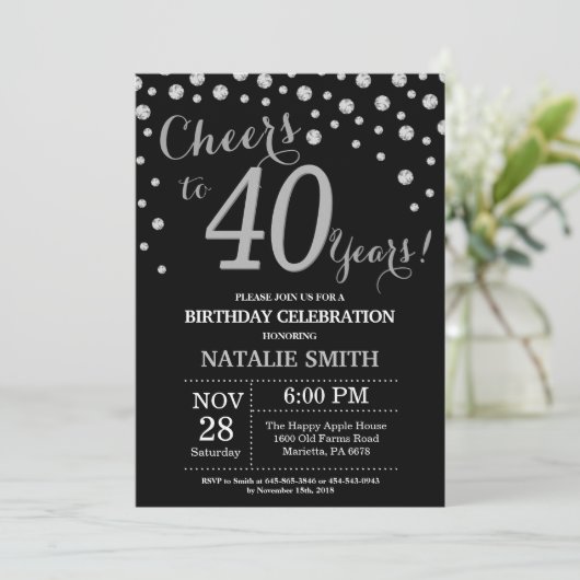 Black and Silver 40th Birthday Diamond Invitation (Debout devant)