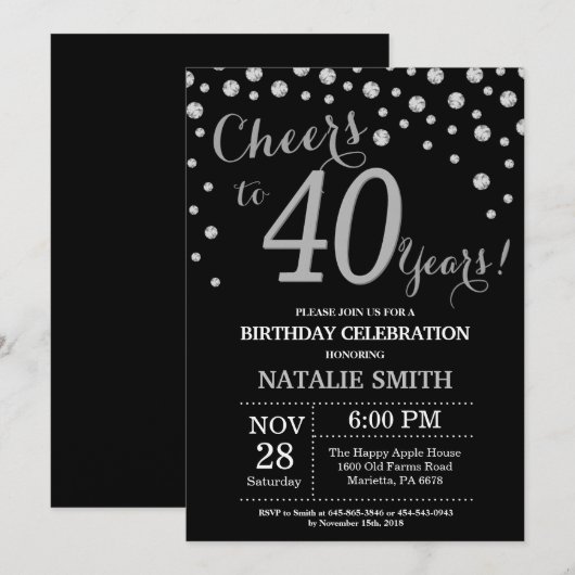 Black and Silver 40th Birthday Diamond Invitation (Devant / Derrière)
