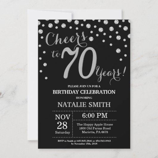 Black and Silver 70th Birthday Diamond Invitation (Devant)