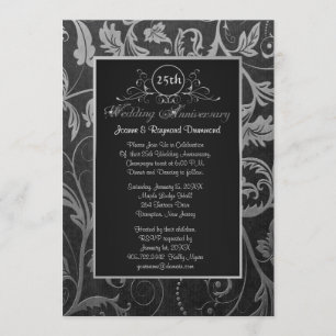 Black and Silver Damask 25th Wedding Jubileum Kaart