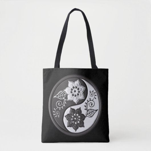 Black and Silver Floral Yin Yang Draagtas (Voorkant)