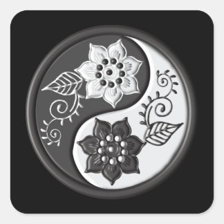 Black and Silver Floral Yin Yang Vierkante Sticker