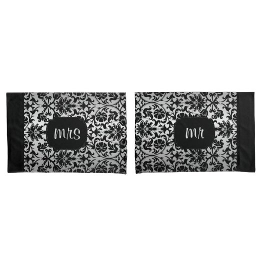 Black and Silver Grey Damask Floral Pattern Kussensloop (Voorkant-Set)