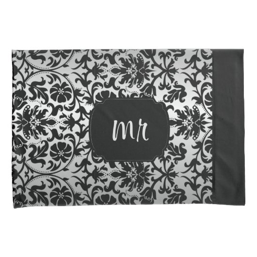 Black and Silver Grey Damask Floral Pattern Kussensloop (Voorkant-Rechts)
