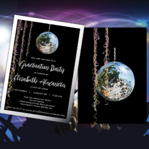 Black and Silver Mirror Ball Afstuderen Folie Uitnodiging