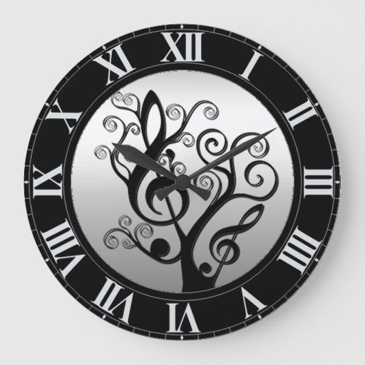 Black and Silver Music Treble Clef Tree Wall Klock Grote Klok (Voorkant)
