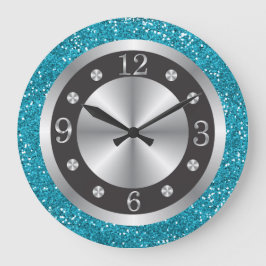 Black and Silver Numbers Turquoise Blue Glitter Grote Klok