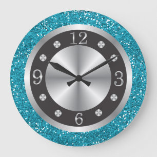 Black and Silver Numbers Turquoise Blue Glitter Grote Klok