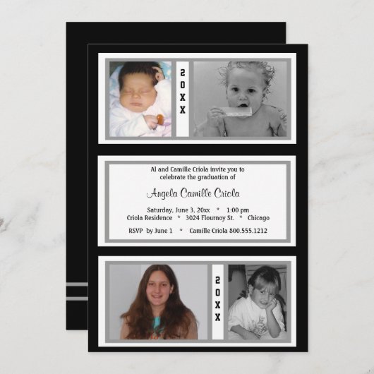 Black and Silver Quad Photo Graduparty Kaart (Voorkant / Achterkant)