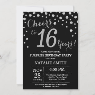 Black and Silver Surprise 16th Birthday Diamond Kaart