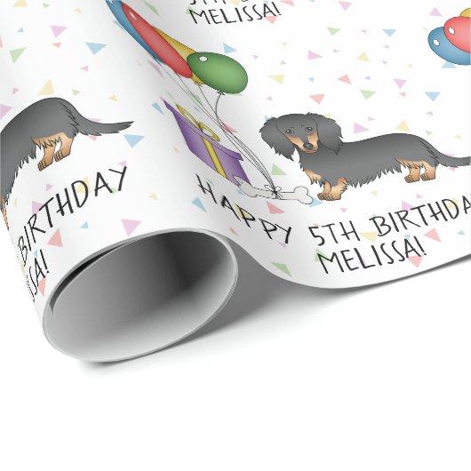 Black and Tan Long Hair Dachshund Happy Birthday Cadeaupapier (Rol Hoek)