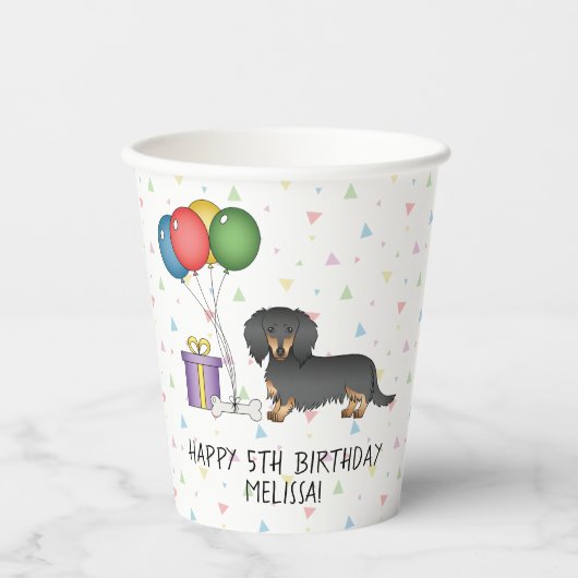 Black and Tan Long Hair Dachshund Happy Birthday Papieren Bekers (Voorkant)