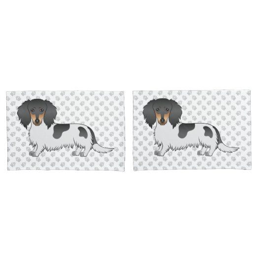 Black and Tan Piebald Long Hair Dachshund & Paws Kussensloop (Voorkant-Set)