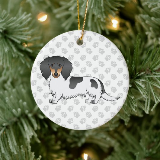 Black and Tan Piebald Long Hair Dachshund & Text Keramisch Ornament (Boom)