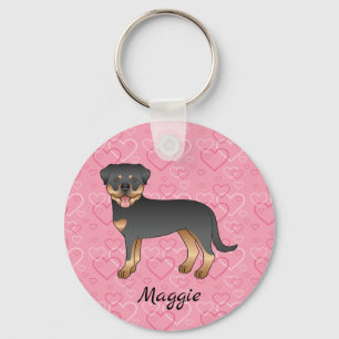 Black and Tan Rottweiler on Roze Hearts & Name Sleutelhanger