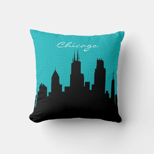Black and Turquoise Burlap Chicago Skyline Print Kussen (Voorkant)