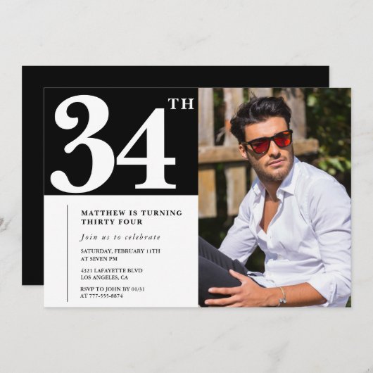 Black and White 34e anniversaire Invitations Photo (Devant / Derrière)