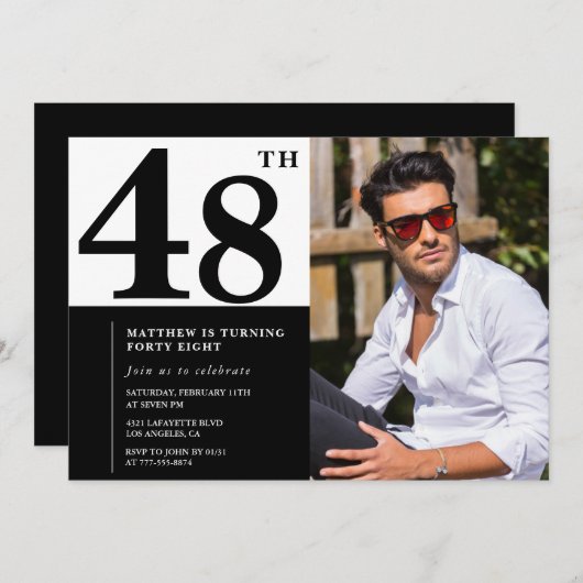 Black and White 48th Birthday Invitations Photo (Devant / Derrière)