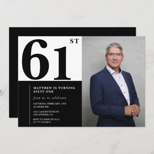 Black and White 61st Birthday Invitations Photo (Devant / Derrière)