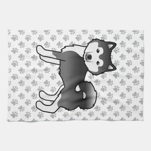 Black and White Alaskan Malamute Cute Dog Theedoek (Horizontaal)