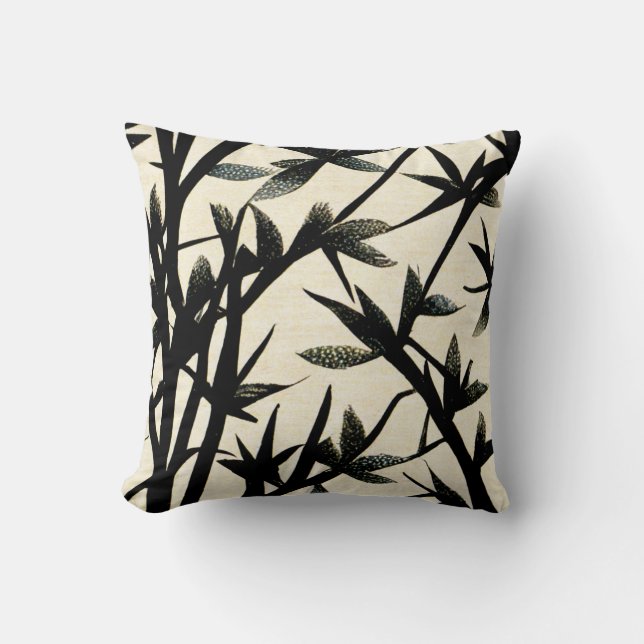 Black and White Bamboo Leaf Pattern Throw Pillow Kussen (Voorkant)