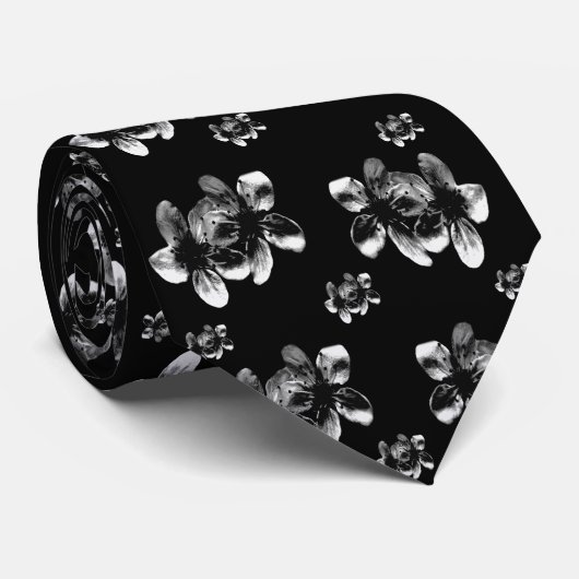 Black and White Blossom Pattern Stropdas (Opgerold)