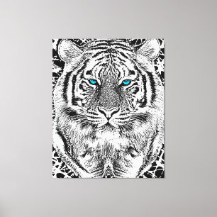 Black and White Blue Eyes Tiger Graphic Canvas Afdruk