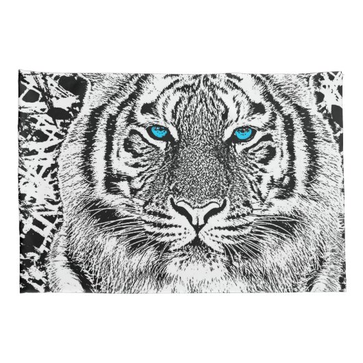 Black and White Blue Eyes Tiger Graphic Kussensloop (Achterkant-Rechts)