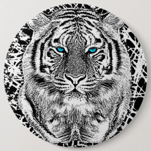 Black and White Blue Eyes Tiger Graphic Ronde Button 6,0 Cm