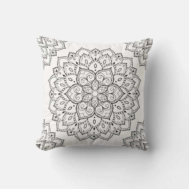 Black and White Boho Mandala Pillow Kussen (Voorkant)