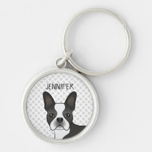 Black and White Boston Terrier Cartoon Dog & Name Sleutelhanger