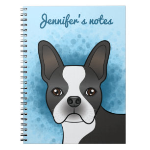 Black and White Boston Terrier Cartoon Dog op Blue Notitieboek