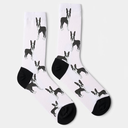 Black and White Boston Terrier Cartoon Dog Pattern Sokken (Rechts)
