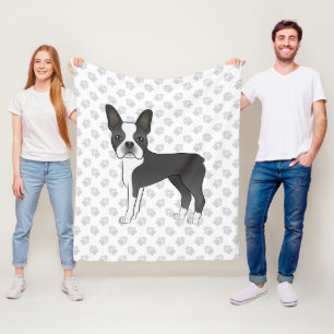 Black and White Boston Terrier Cartoon Dog & Paws Fleece Deken